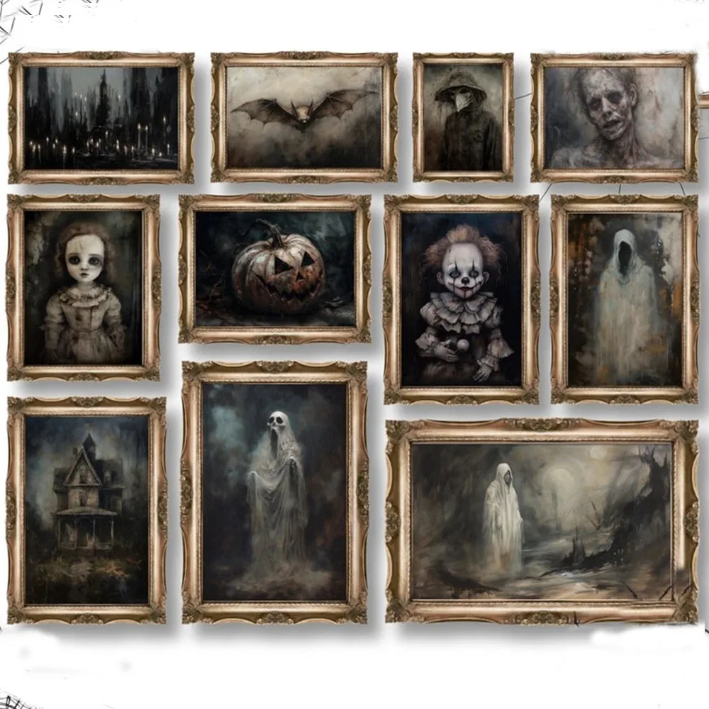 Thriller Gothic Dark Style Set Retro Posters Horror Clown Ghost Doll Magic Witch Wall Art Living Room Home Decor Canvas Painting