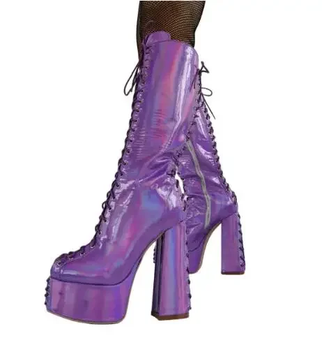 Illusory Purple Shiny Leather Back Front Cross Tied Lace Up Round Toe Platform Chunky Heels Knee High Boots Women Long Boots