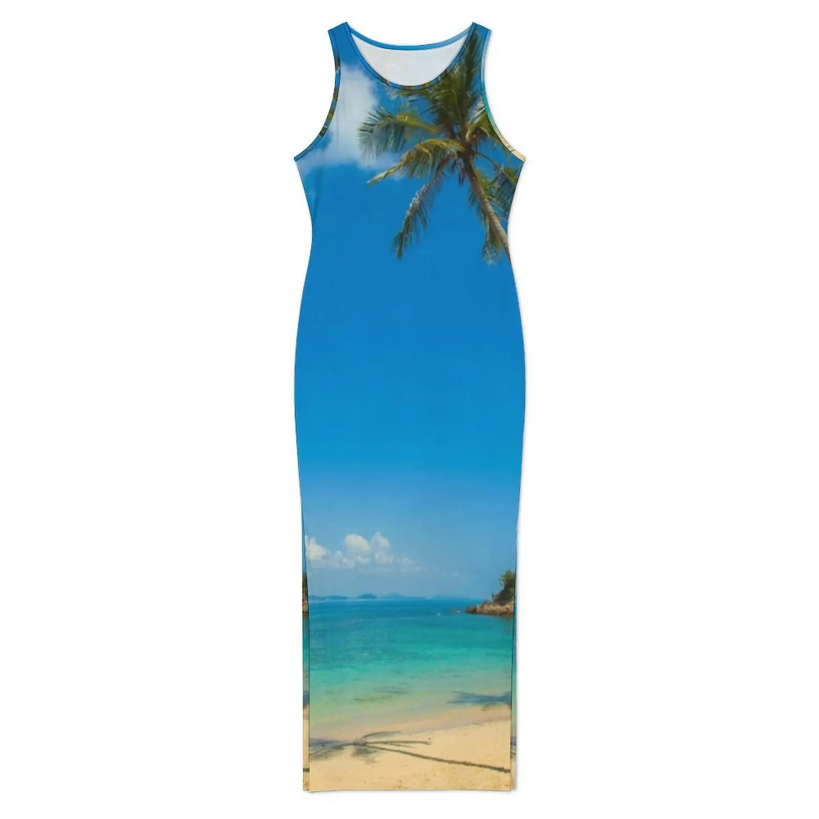 Female Bodycon Dress Elegant Blue Beach Maxi Dresses Summer Tropical Palm Trees Sleeveless Casual Y2k Pattern Dress Big Size 4XL