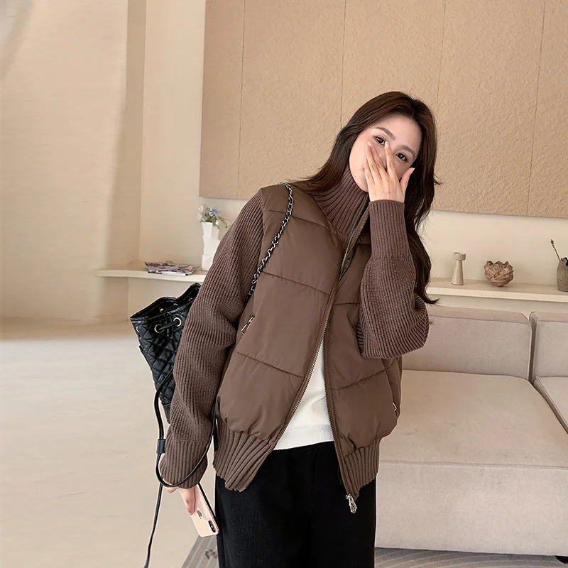 

Color Blocking patchwork Knitted Cotton Jacket Women Autumn Winter Korean Stand Up Collar Coat Commuting Long Sleeved Top