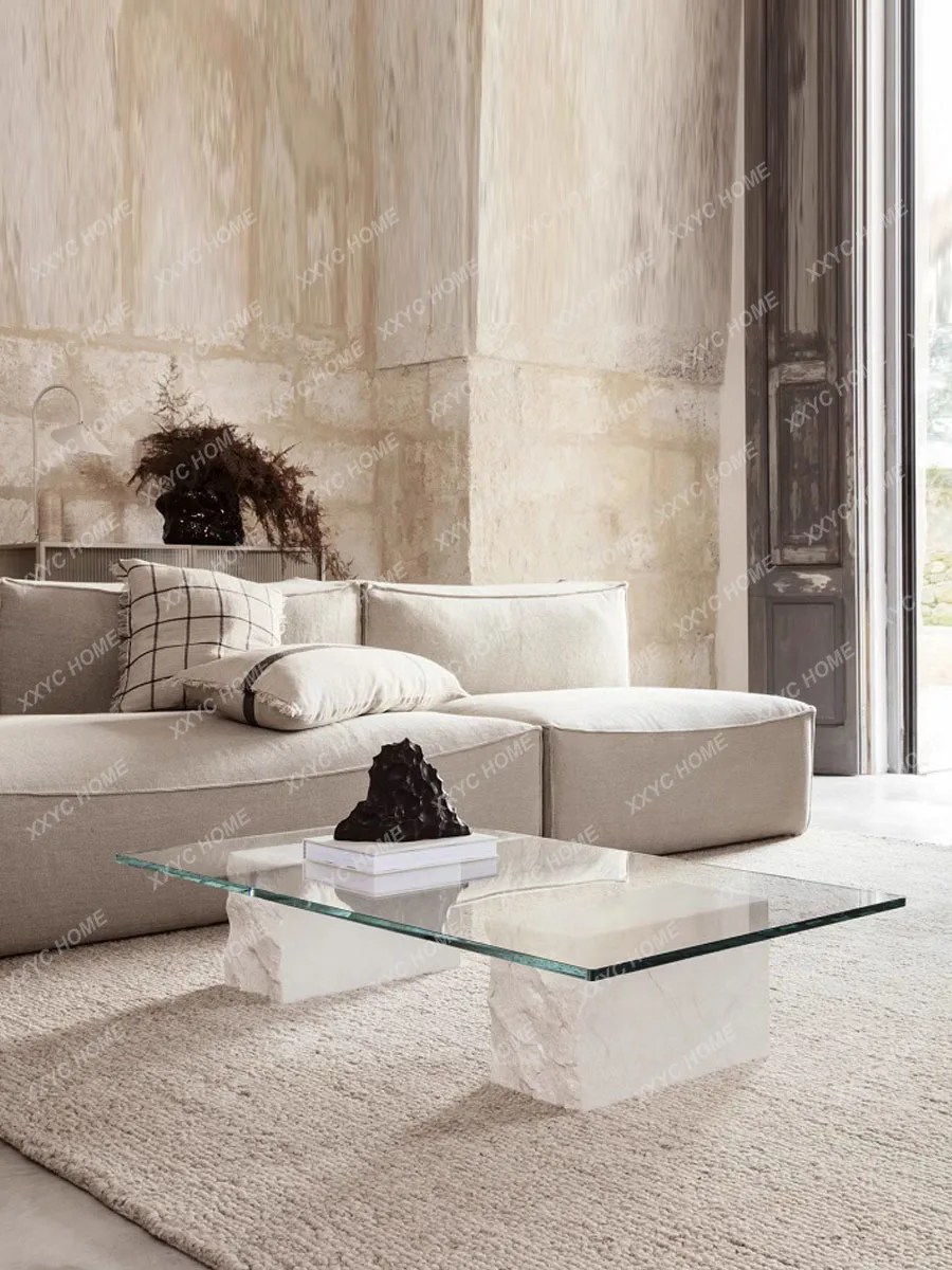 Minimalist white marble tempered glass coffee table, personalized destruction style living room tea table