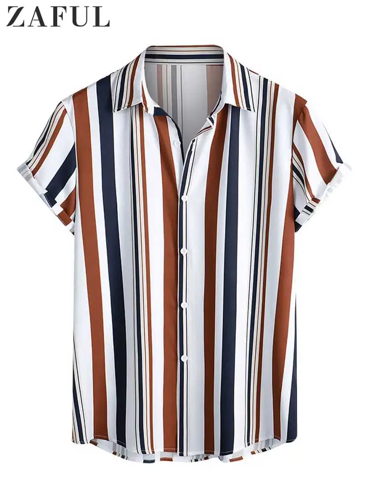 

ZAFUL Men's Shirt Vertical Mixed Stripes Button-Up Men's Clothing Casual Silky Blouse Top Short Sleeved Shirts for Men Z5030752