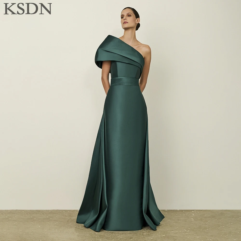 

KSDN Fashion Green Evening Dresses Luxury One-Shoulder Sweep Train Dress Special Occasion Satin Pleat Gowns Vestidos for Women