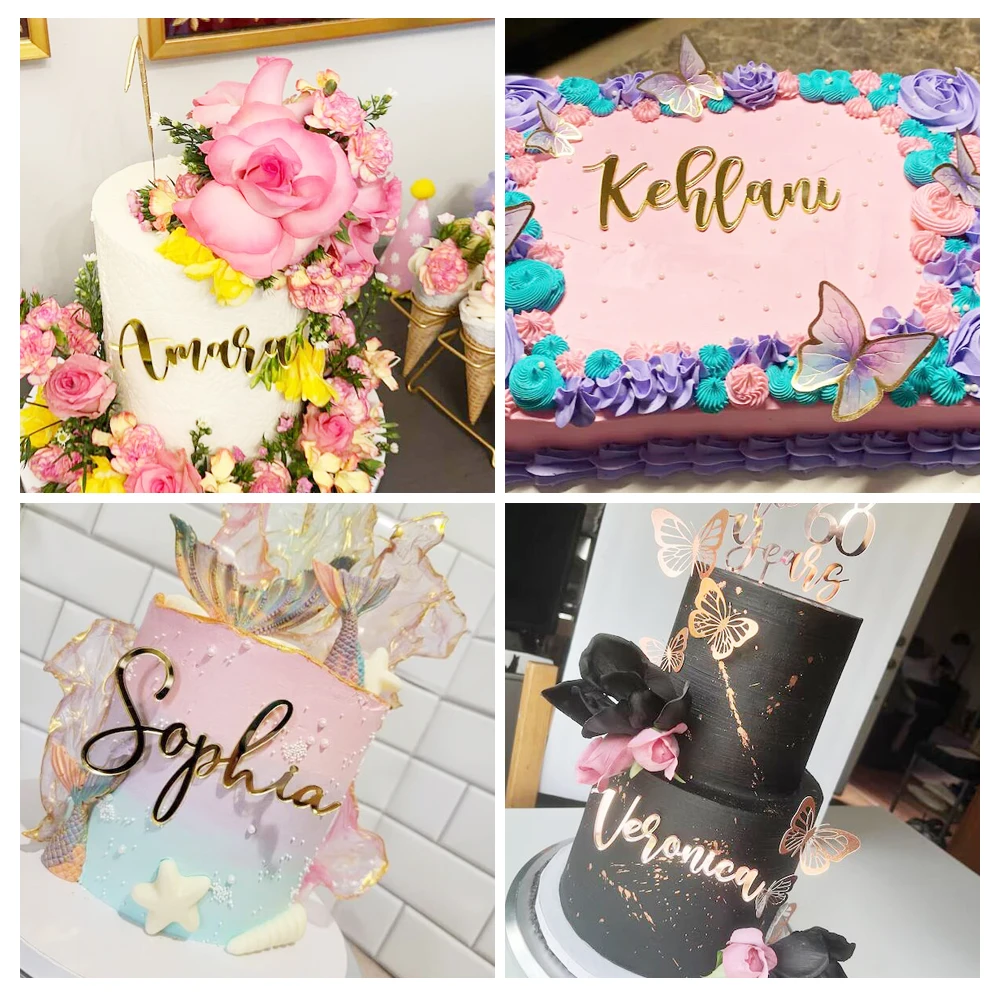 Acryl Namensschild Kuchen Topper, Name Kuchen Charm Custom Kuchen Topper, Hochzeit Tischkarten, personalisierte Geburtstagstorte Topper – Detail 1