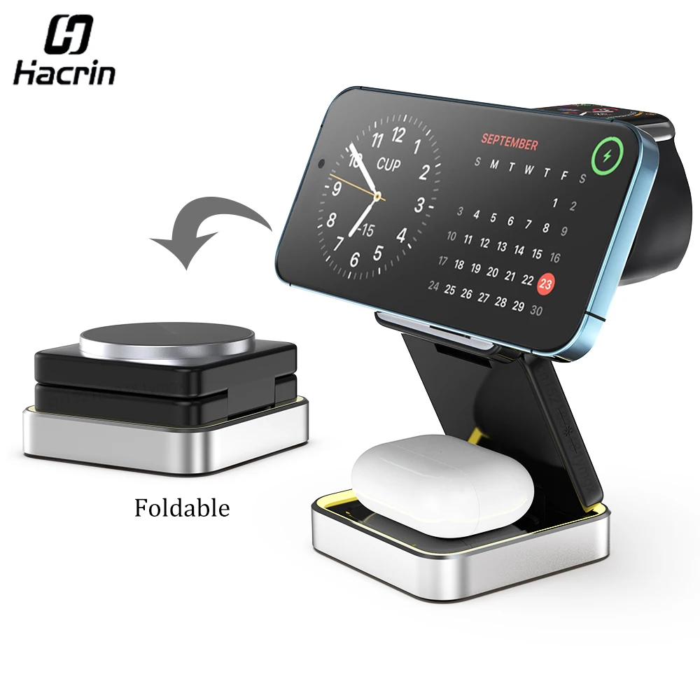 Magnetic Foldable Charging Station for iPhone, 3 in 1 Wireless Charger Stand, Portable Fast Charger for Apple Watch