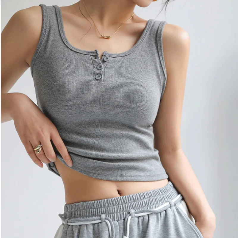 تانك الأعلى للنساء مضلع زر أسفل بلوزة بلا أكمام بلون عارضة المرأة المراهقين العصرية الأساسية الصيف بروتيل #4