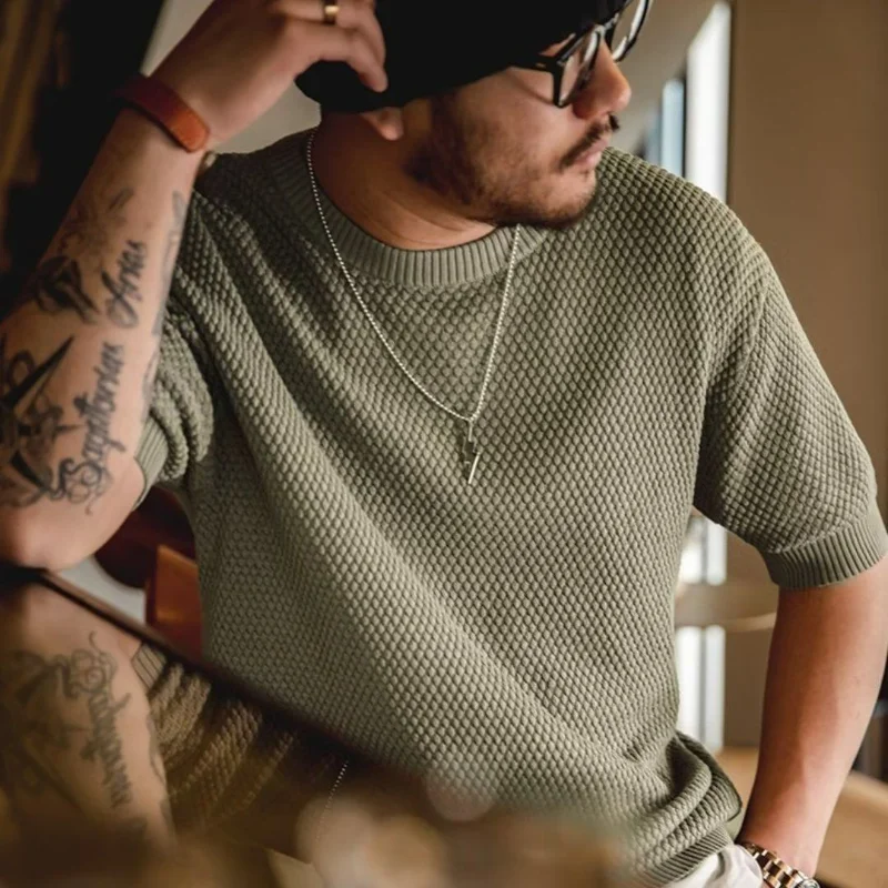 Streetwear Fashion Men Vintage Knitted T-shirt Summer New Green All-match Male Clothing Thick Breathable Big Size Loose Tops 5XL