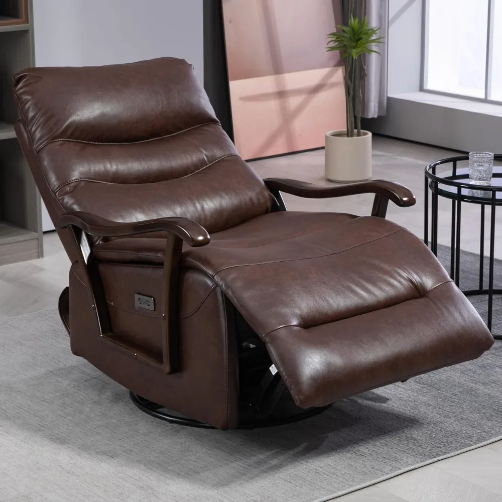 Power Swivel Recliner Chair for Adults, Upholstered Faux Leather Recliner with Wood Armrest, USB Ports,  Living Room Chairs