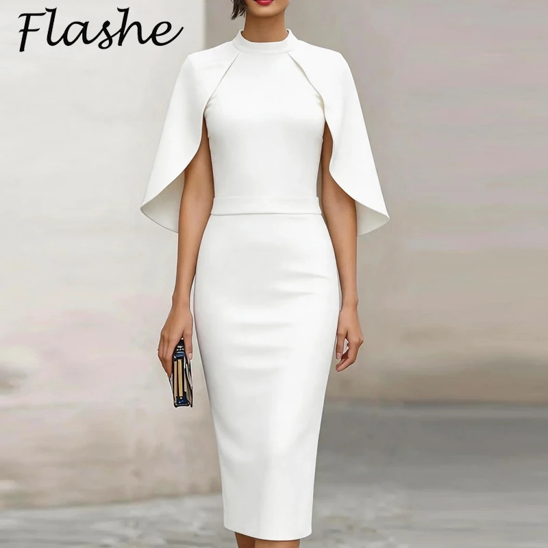 Elegantes Cape-Kleid für Damen, kurzärmelig, einfarbig, schmale Taille, figurbetontes Kleid für Damen, Abendpartykleid, weißes Kleid für die Bürodame
