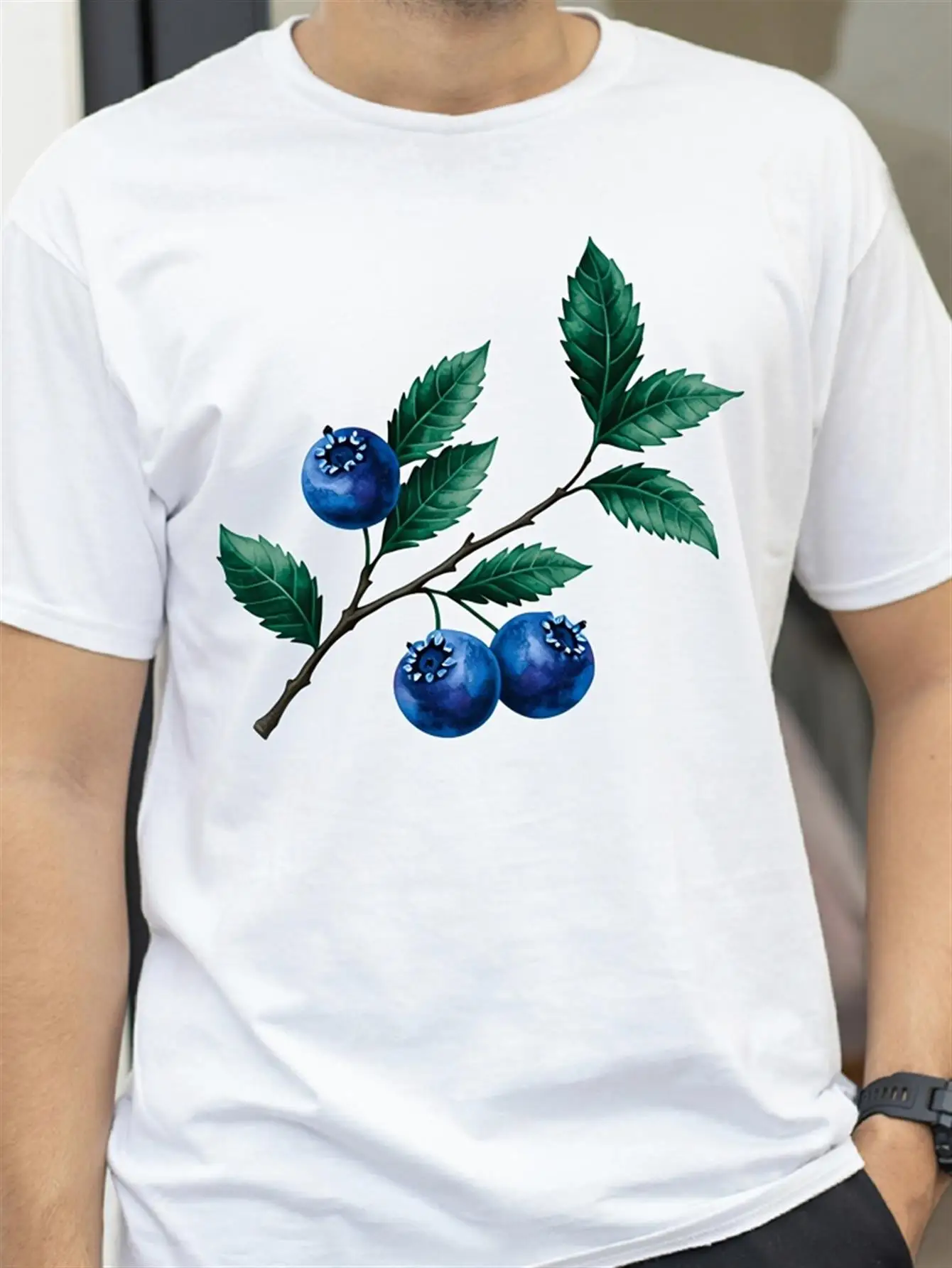 

Men'S White Short-Sleeve T-Shirt Featuring a Blueberry Branch Design Perfect for Casual Daily Use