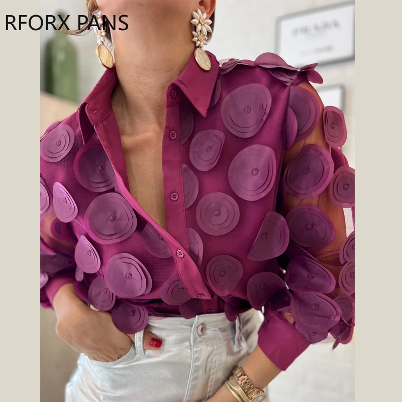 Women Chic Fashion Three Dimensional Decor Turn Down Collar Long Sleeves Casual Blouses Tops