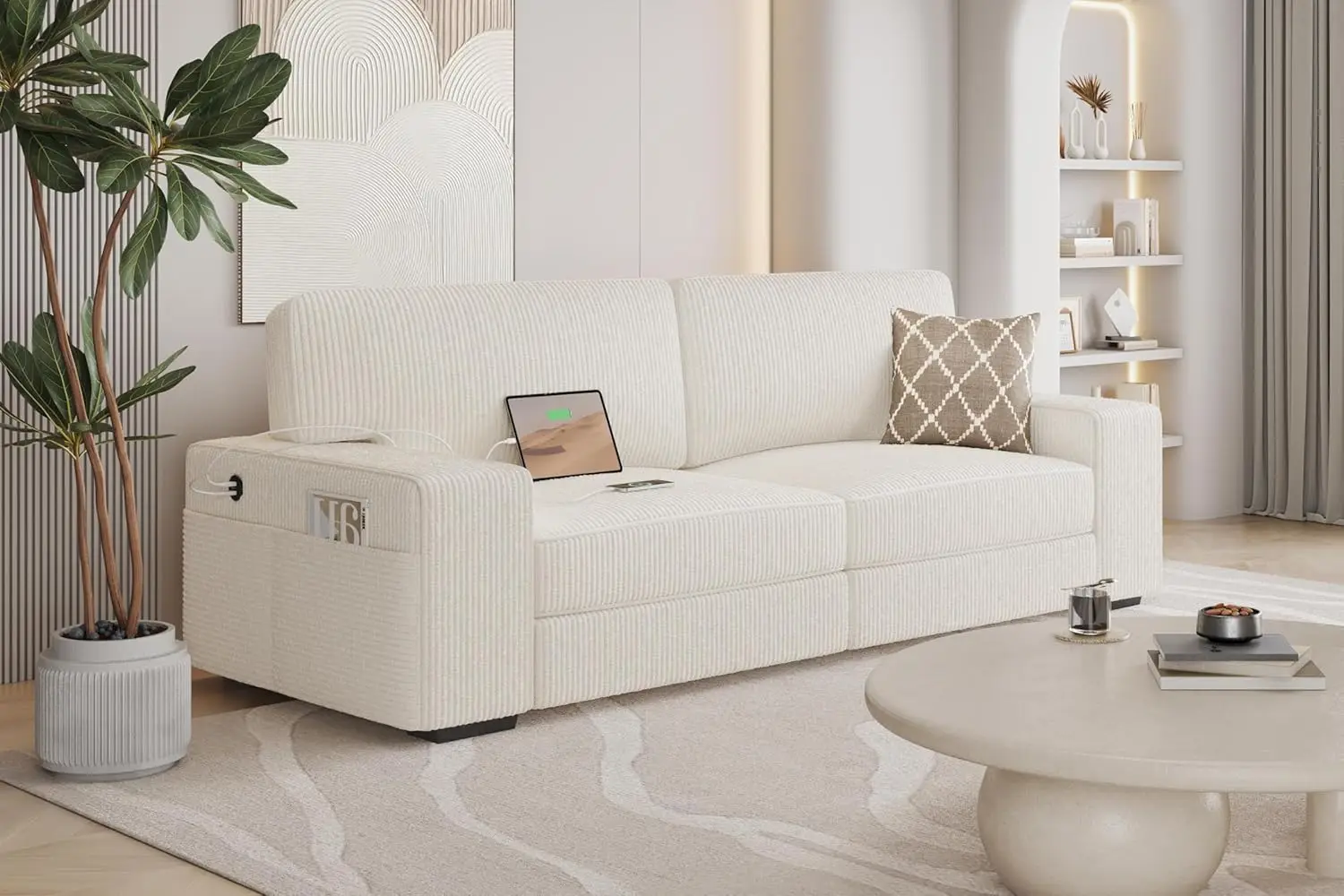 83,5 "W Nowoczesna sofa 2-osobowa sofa z sztruksu z portami ładowania USB i bocznymi kieszeniami do przechowywania do salonu, mieszkania w kolorze kości słoniowej