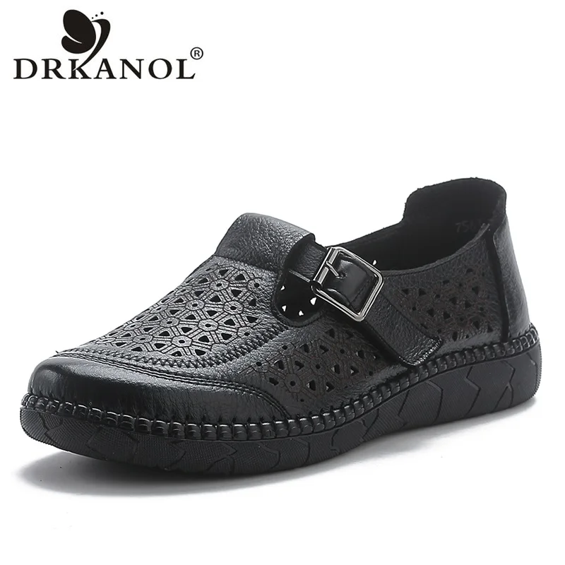 

DRKANOL Fashion Women Flat Shoes Summer Slip On Breathable Hollow Loafers Genuine Leather Shallow Soft Comfort Casual Loafers