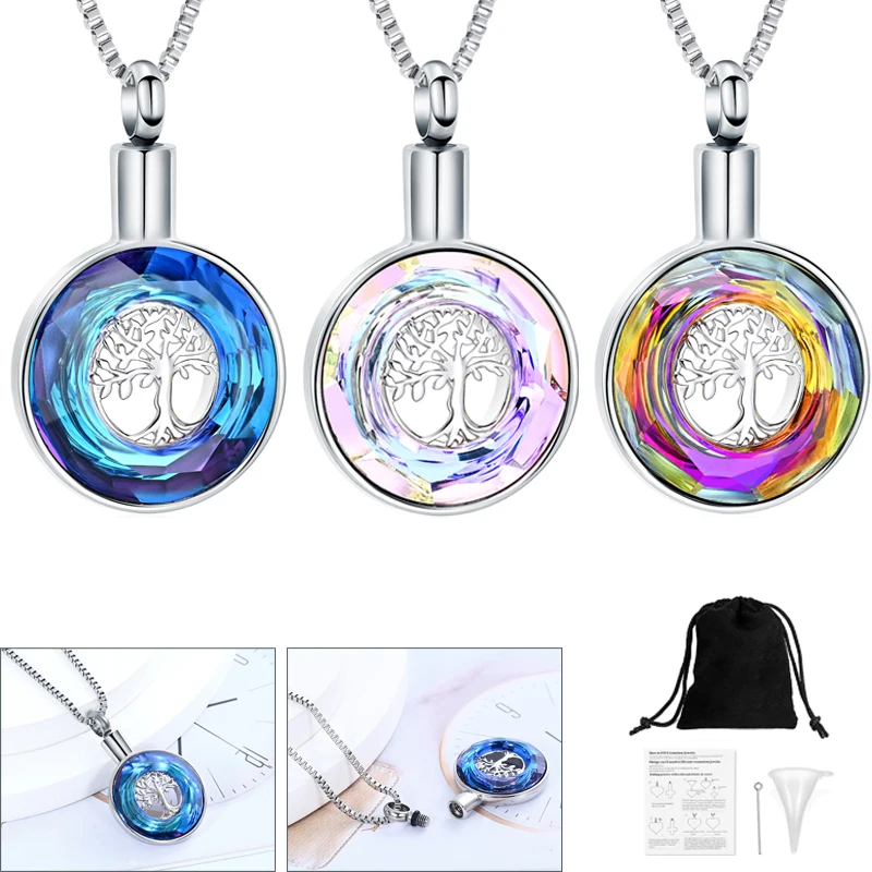 

Tree of Life Urn Necklaces for Human/Pet Ashes Cremation Jewelry Crystal Circle Charm Pendant Keepsake Gift To Women