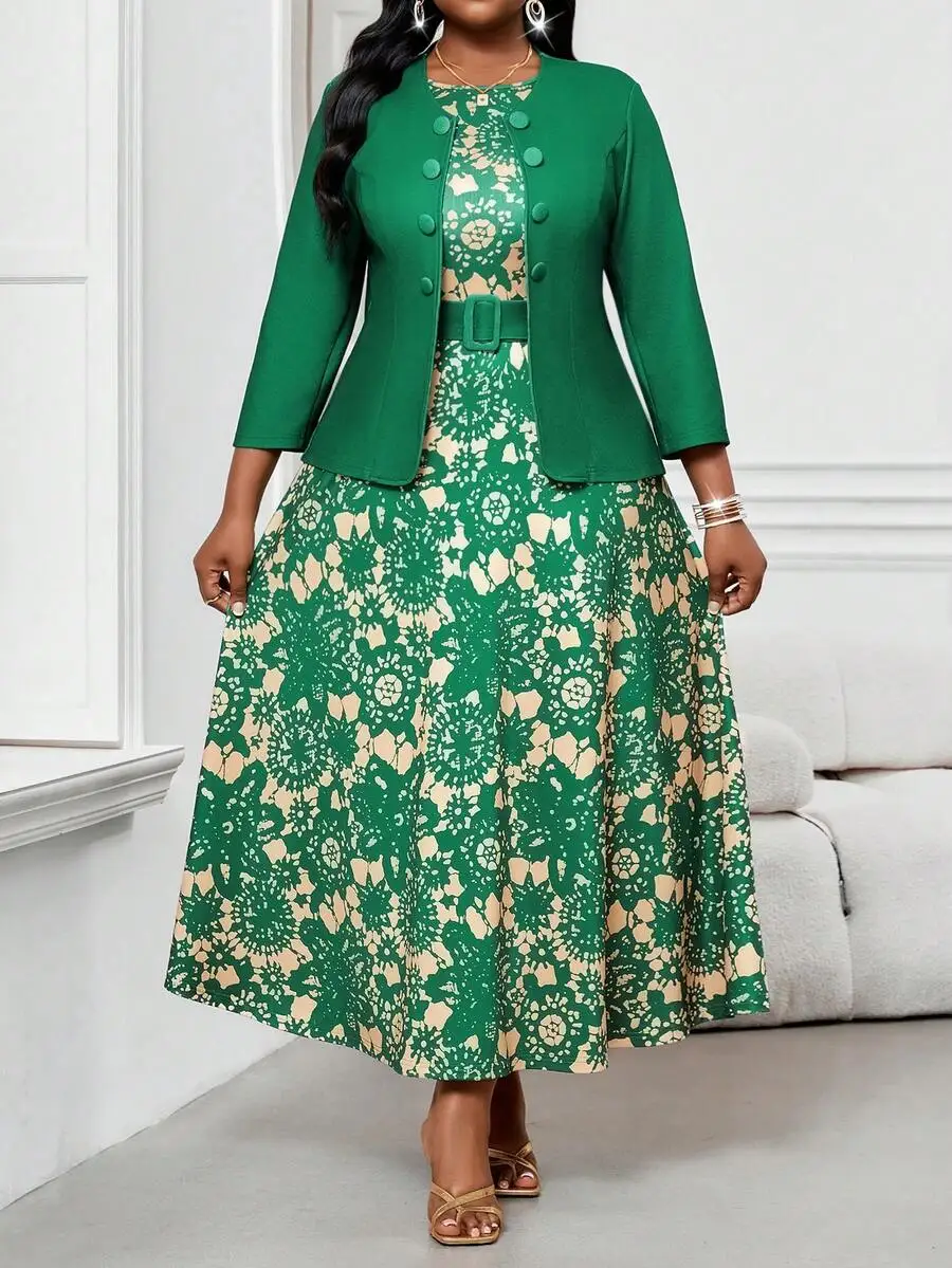 

Green Floral Print Midi Dress Set with Belted Waist and Matching Jacket