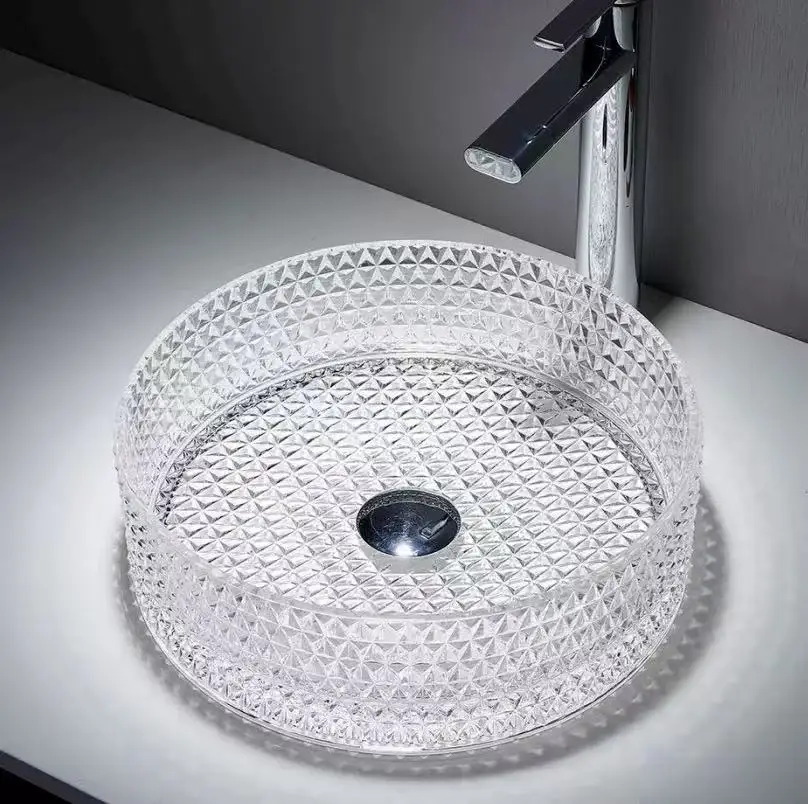 j* Simplicity Modern Yellow Transparent Stand-Alone Glass Sink Counter Vanity Basin with Drainer for Modern Bathroom Designs