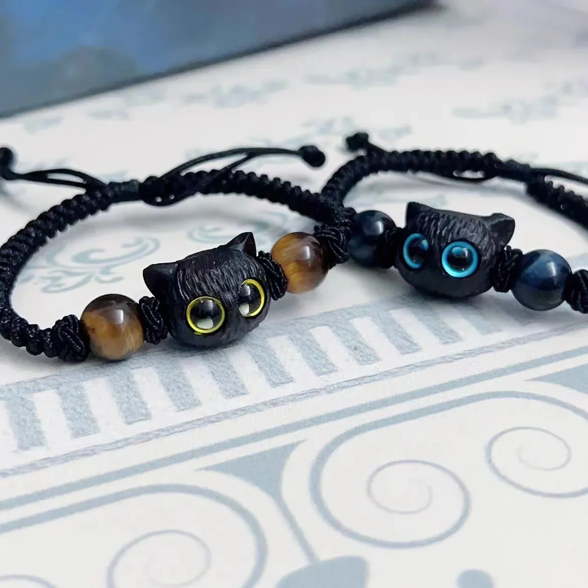 Cute Cat Couple Bracelet Imitation Wood Crystal Braided Children Bracelet Fashion Jewelry Trendy Accessories