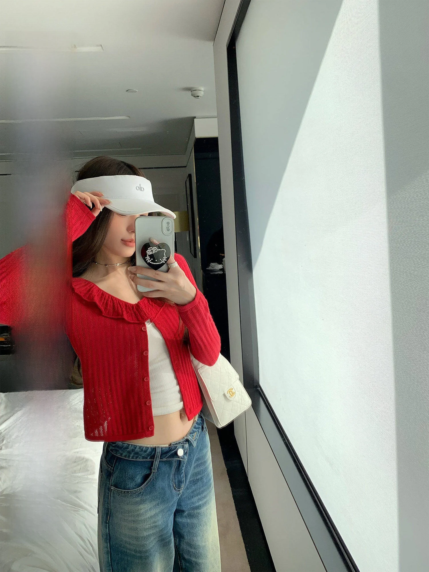 

Hhyii Breathable Angel Red Lace Collar Knitted Sweater Open Cardigan Women's Spring Elegance Lazy Long Sleeve Top