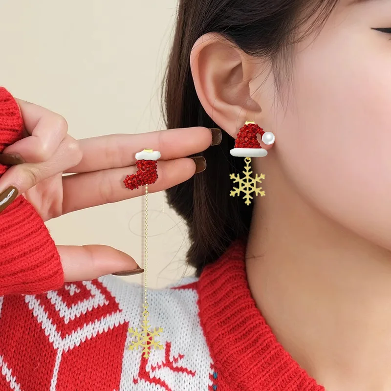 New Design Asymmetric Snowflake Christmas Boot Hat Drop Earrings for Women Moving Santa Claus Long Tassel Earring Party Jewelry