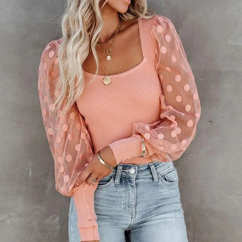 2024 New Women Elegant Mesh Dot Puff Sleeve Design Shirts Fashion Sexy Square Collar Knitted Blouses Office Lady Lace Blusa New