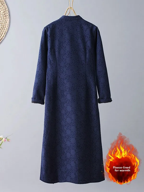 새로운 중국 스타일 개선된 치파오 드레스 여성 플러스 사이즈 가을 겨울 안감 있는 꽃 자수 고급 의류