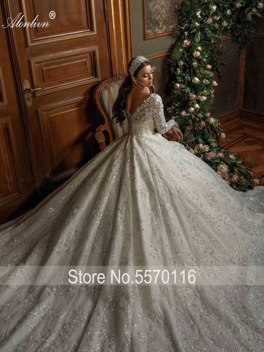 Alonlivn Glisten Ball Gown Wedding Dress Full Of Bling Embroidery Lace Full Sleeves V-Neck Luxury Bridal Skirts