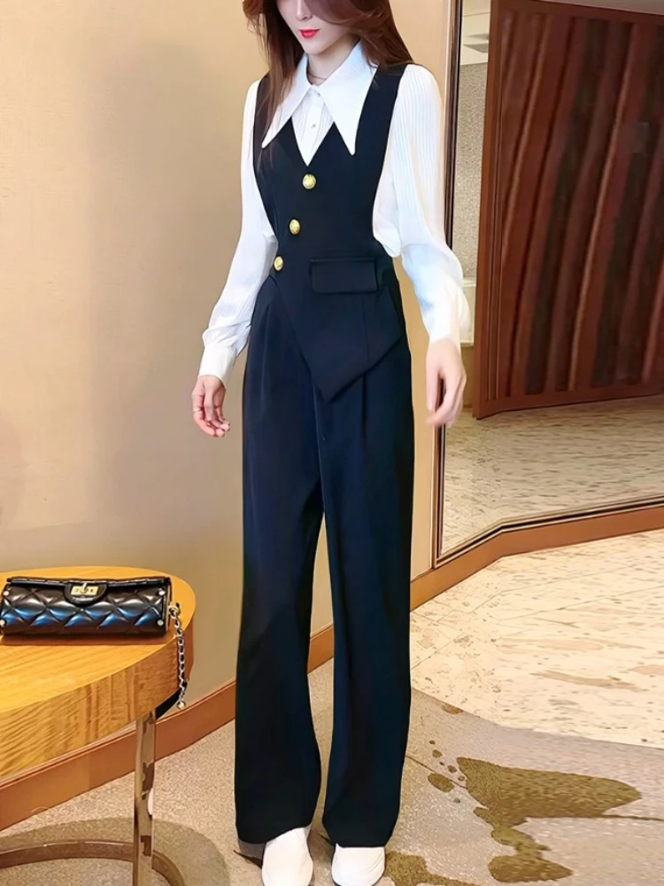 

2024 Autumn Black Vest Suit Strap Pants 2-Piece Sets Women's Spring Shirt High Waist Wide Leg Jumpsuit Office Ladies Y2k Suits