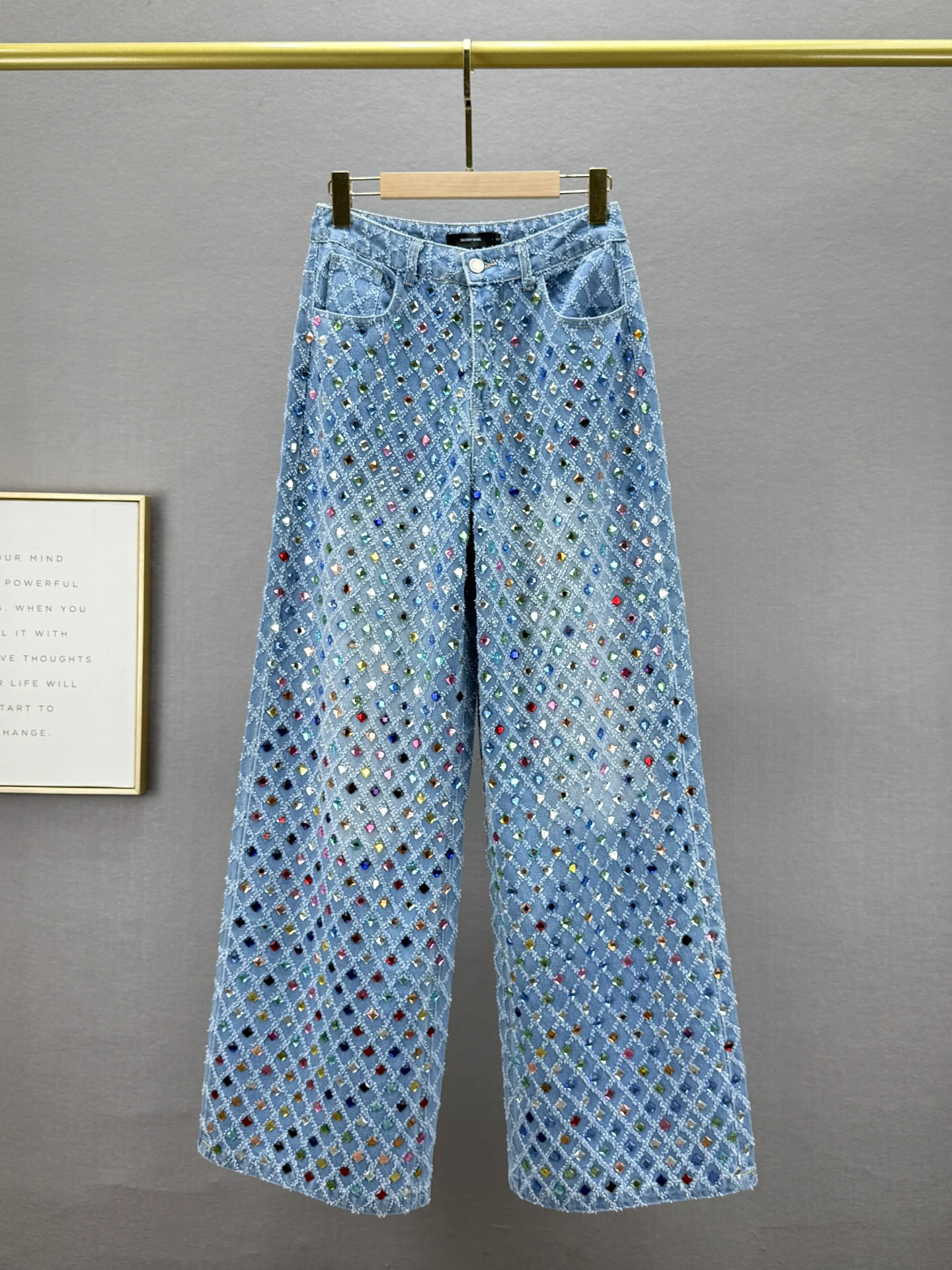 

Heavy Embellied Diamond Women's Jeans High Waist Loose Fit Floral Embroidery Wide Leg Pants Trendy Spring New Arrival