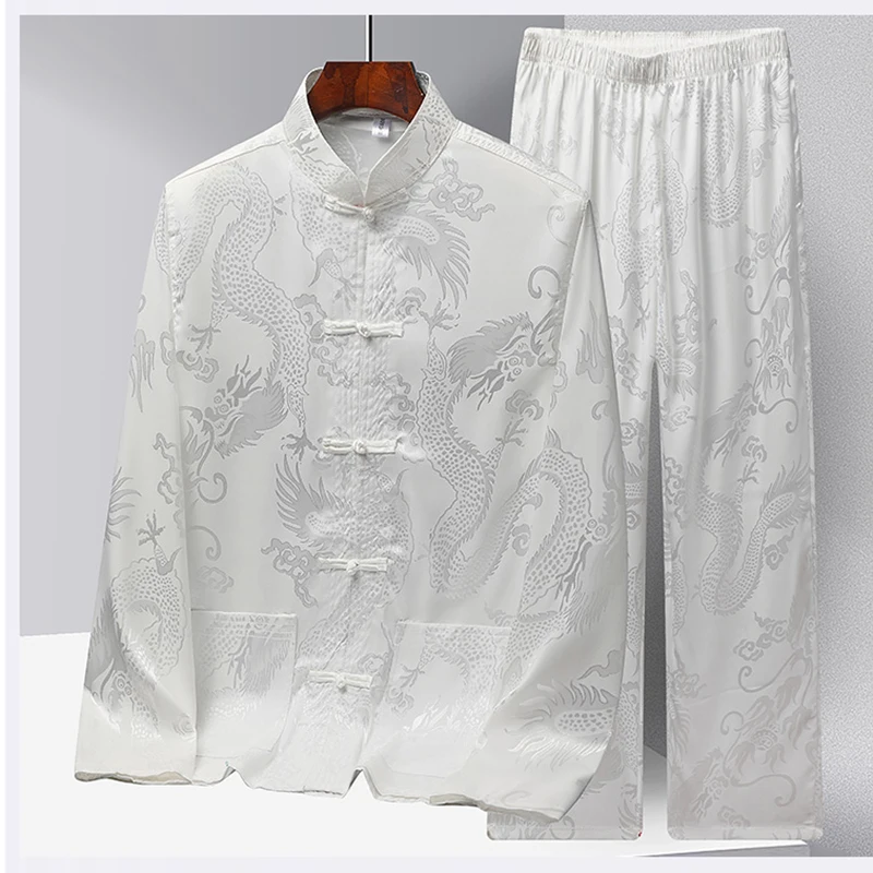 New Chinese Style Long Sleeve Tang Suit Men's Ice Silk Spring Middle-Aged People Hanfu Clothing Tai Chi Clothing Set Shirt