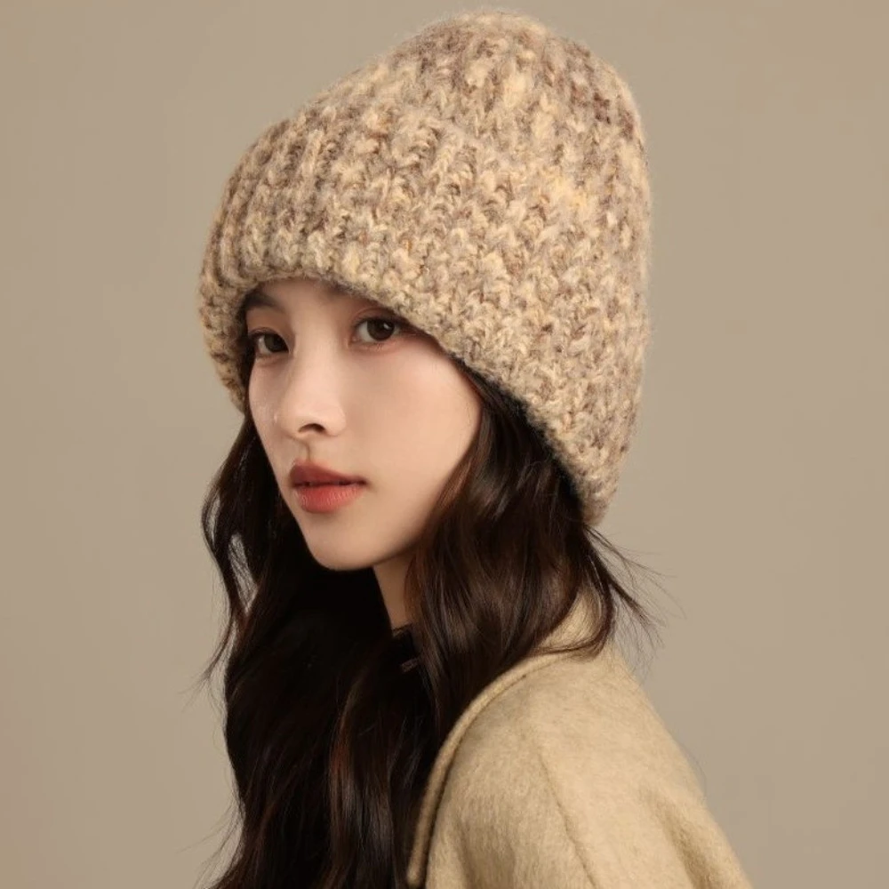 Korean Women's Big Head Loose Wool Hat Rainbow Colorful Mixed-color Knitted Cap Men Outdoor Casual Warm Skullies Beanie Hats