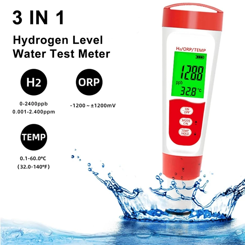 Hydrogen Water Bottle Test Meter, 3 In 1 H2/ORP/Temp Digital Hydrogen Level Tester Pen For Daily Drinking Hydrogen Water