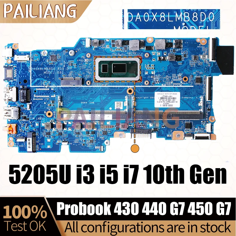 For HP Probook 430 440 G7 450 G7 Laptop Mainboard DA0X8LMB8D0 5205U i3-10110U i5-10210U i7-10510U Notebook Motherboard Full Test