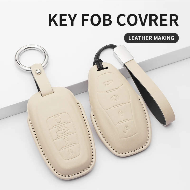 

1pc Key Fob Cover Case with Leather Key Holder Keychain for FAW Hongqi 2023 E-HS9 High-end H5 H9 2020-2022 3/4 Button Car Key