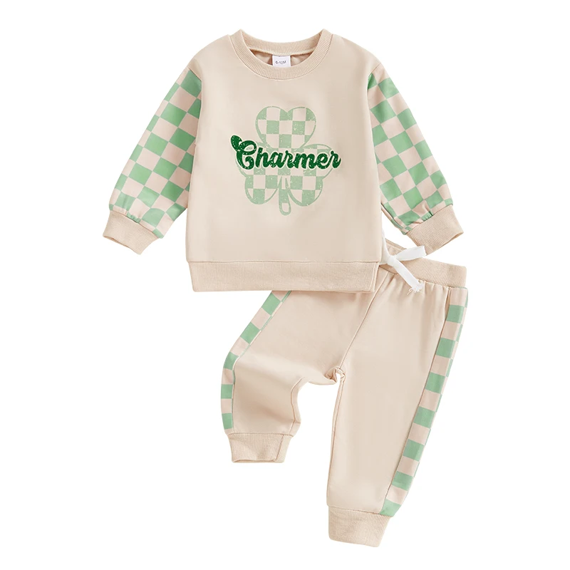 Toddler Girl Boy Spring Outfits Plaid Shamrock Print Long Sleeve Sweatshirt with Elastic Waist Pants 2 Pcs Set