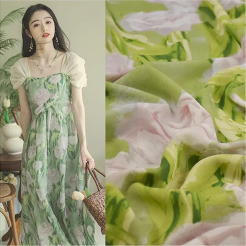 Tessuto Chiffon fiore grande verde erba vento cinese, abito camicia primavera ed estate, panno Cheongsam Han, alta qualità, T2026