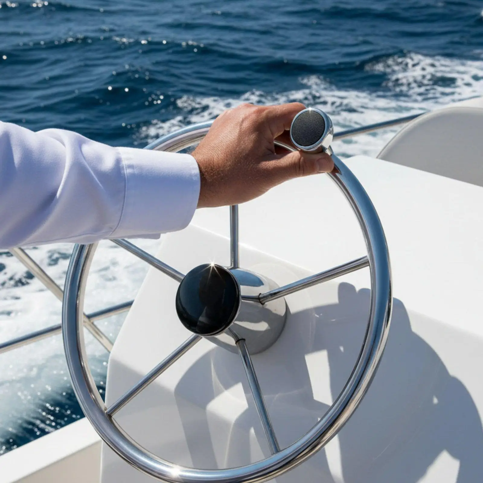 Boat Steering Wheel with Turning Knob Polished Finish Stainless Steel Steering Wheel Finger Grips for Pontoon