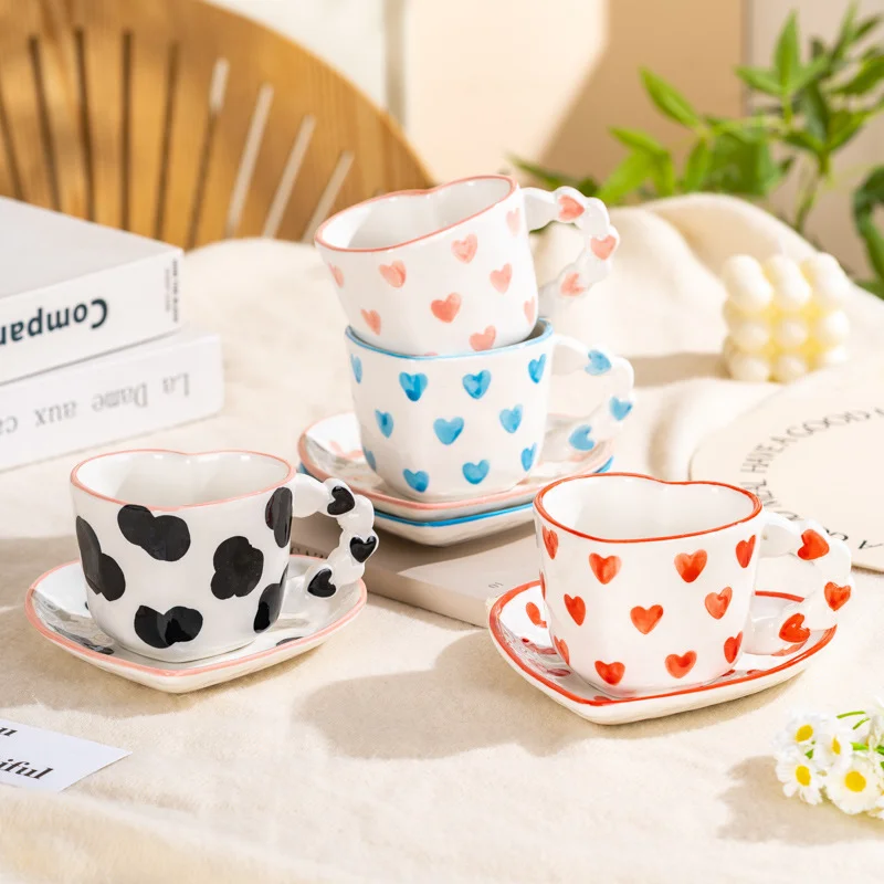 

Ceramic Coffee Cup Cute Heart Shape Mugs Coffee Cups with Saucer Afternoon Tea Milk Yogurt Mug Water Cup Home Office Water Mug