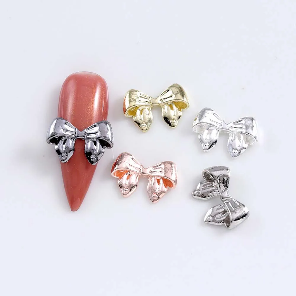 3D Bow Tie Nail Art Charms 10pcs Metal Rose Gold/Silver/Black/Grey Luxury Alloy Parts Bow Knot Manicure Nail Decorations Jewelry