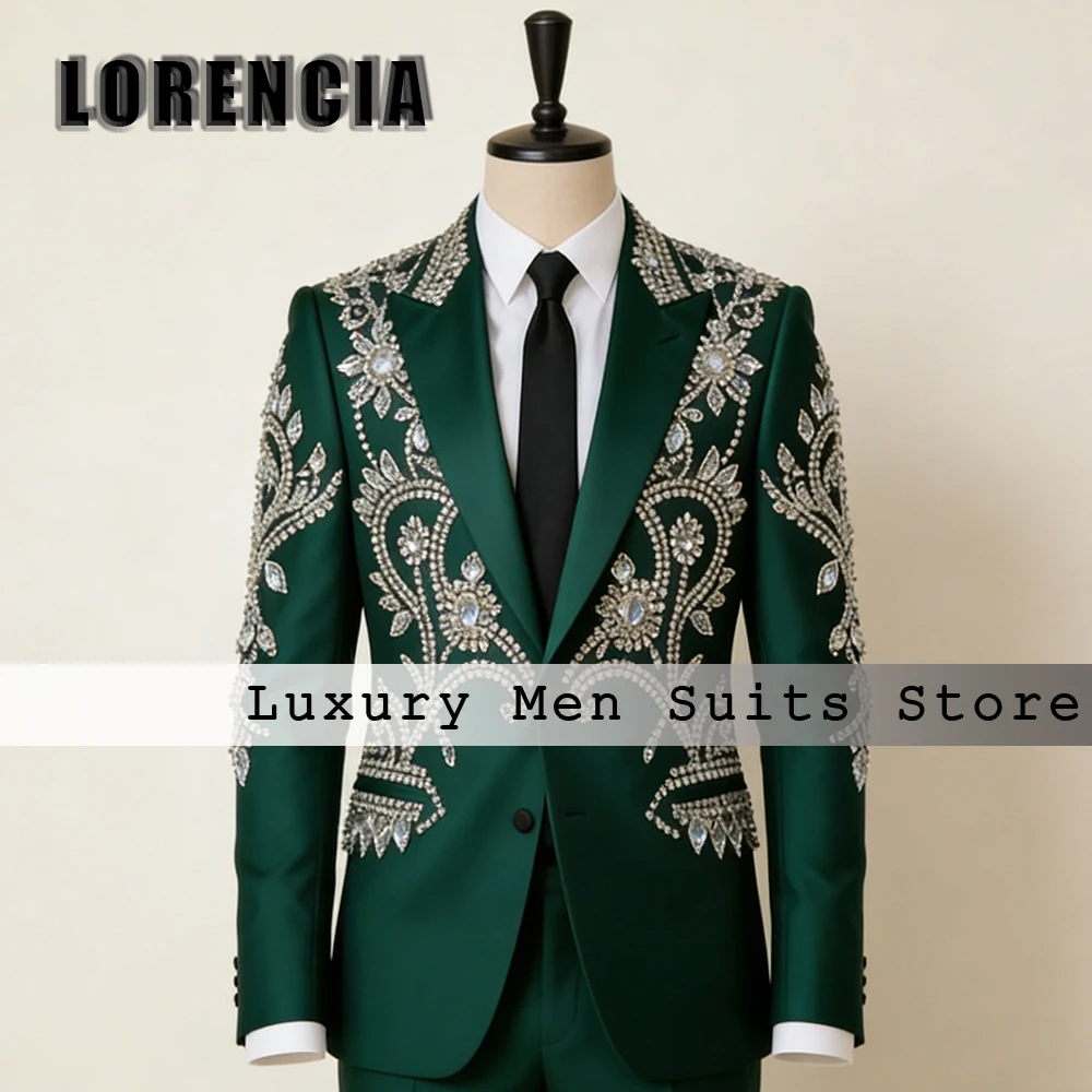 

Elegant Pearls Men Suits 2 Pieces Single Breasted Jewelry Wedding Party Gowns Customized Blazer Pants Vest roupas masculinas