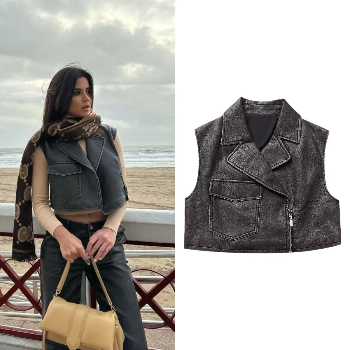 LIBIELIY Autumn New Women's Y2k Fashion Retro Old Loose Version Lapel Sleeveless Imitation Leather Short Vest Cool Vest