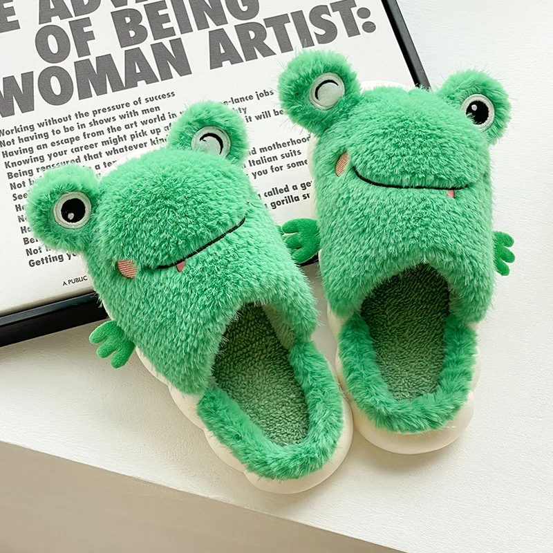 Winter  Adorable Cartoon Big Eyed Frog Plush Slippers for Couples Women's Home Slippers Cozy and Non-Slip Cotton  Shoes