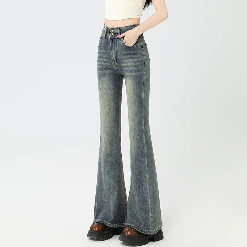 

Широкие джинсовые джинсы с высокой талией в американском стиле, женские весенне-осенние новые стильные утягивающие прямые длинные брюки-клеш
