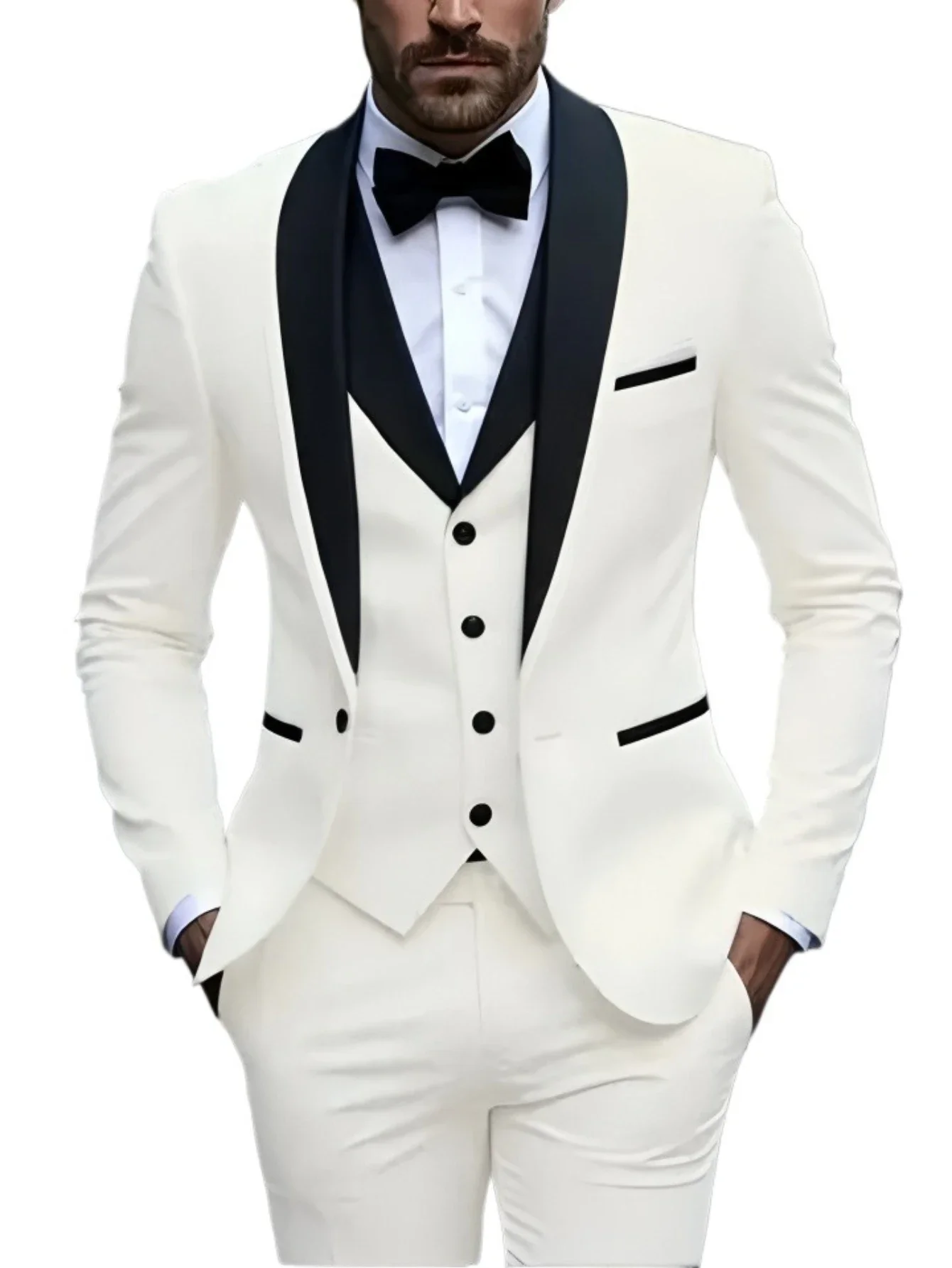 بدلة رجالي بفتحة بيضاء مكونة من 3 قطع شال أسود وطية صدر السترة بدلة العريس غير رسمية لحفلات الزفاف بدلات رجالية 2025 (سترة + سترة + بنطلون)