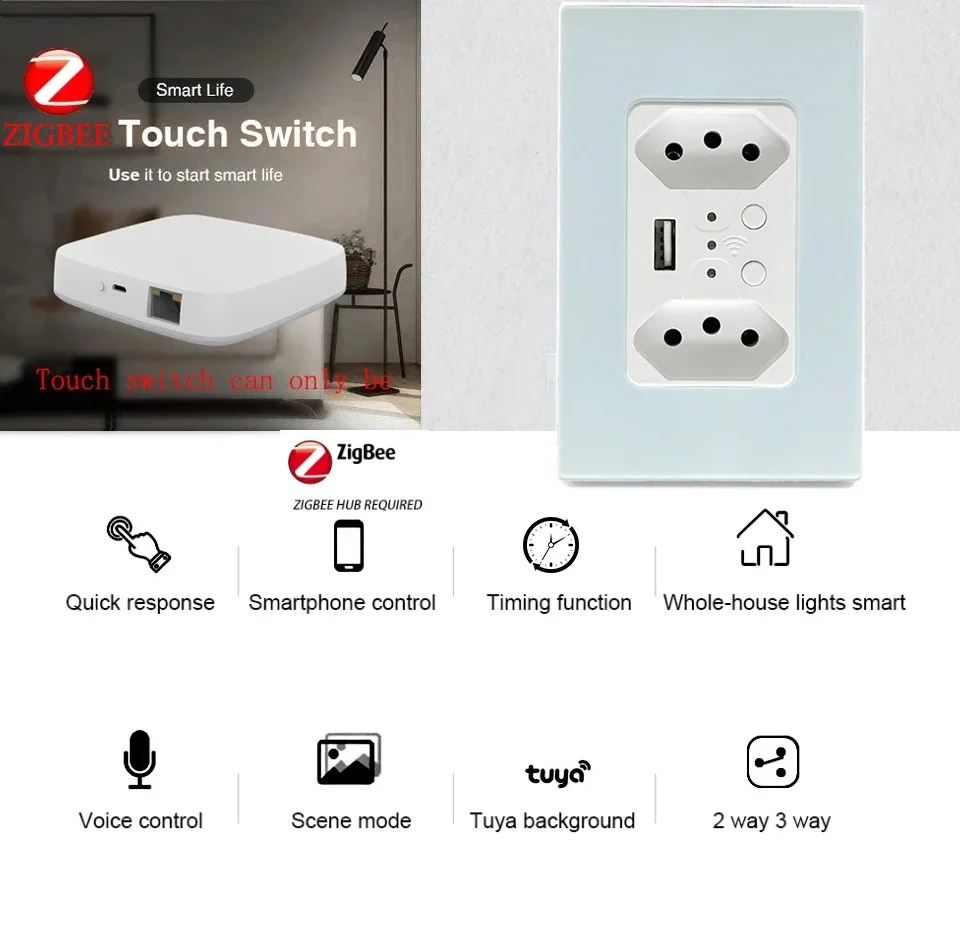 Melery Zigbee Tuya Smart Brazil 4*2Wall Socket Tomada USB Electrical Plug Outlet Glass Panel Remote Control by Alexa Google Home