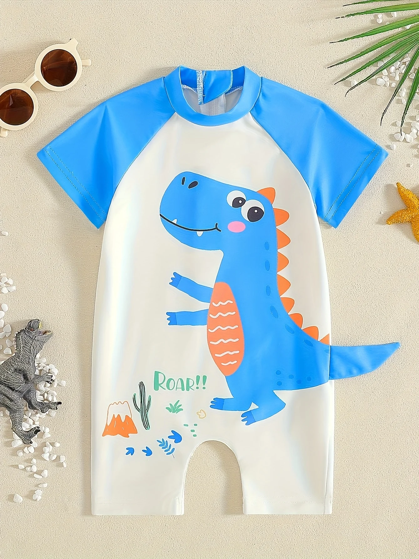 

Летний цельный купальник для маленьких мальчиков с рисунком динозавра — защитный костюм с длинными рукавами на молнии и 3D-хвостом