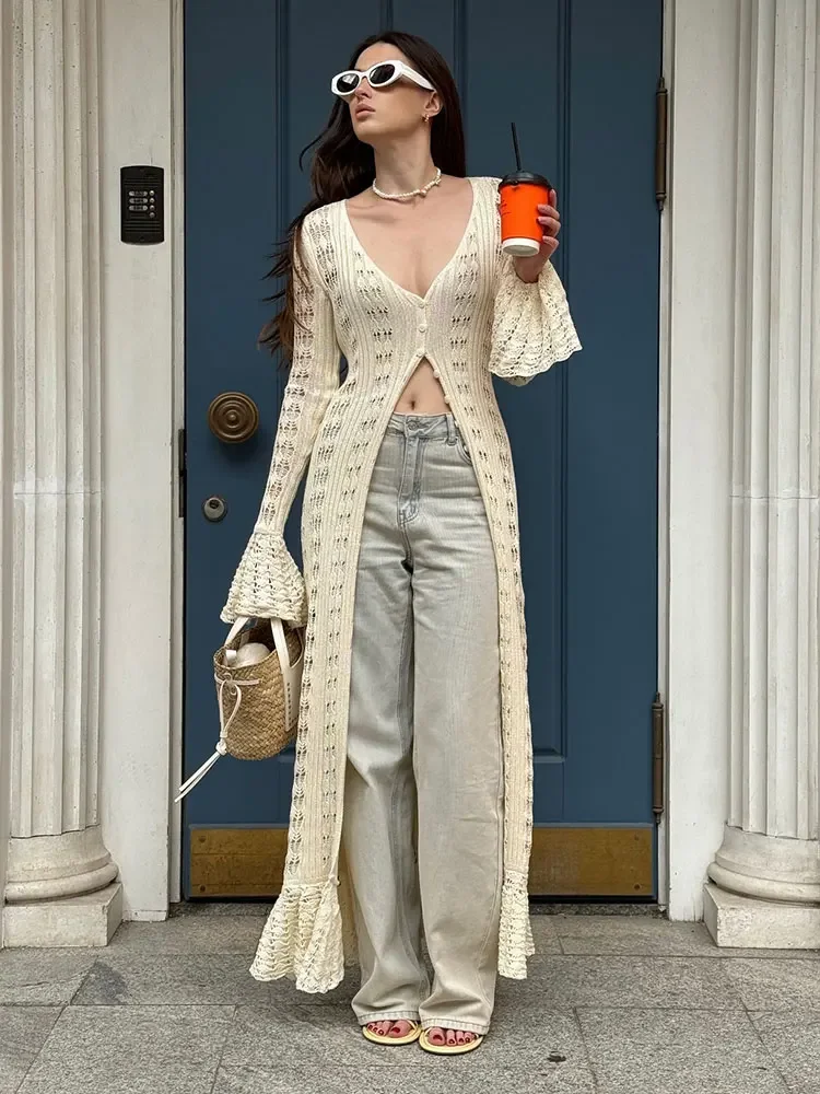 

Sexy Big Flared Sleeve Knit Cut Out Dress Summer Women's Casual Long Slim Cardigan Vacation Outfit Beachwear Cover Up A2897