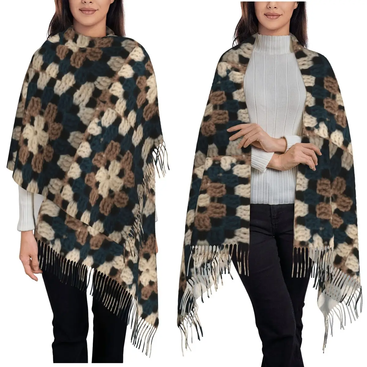 

Crochet Blanket Granny Square Vintage Scarf Tassel Scarves for Women Soft Warm Shawls and Wraps Long Fall Winter Shawl Wrap