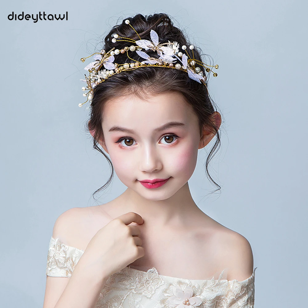 Dideyttawl โลหะทองดอกไม้ที่ตกแต่งผมสำหรับเด็กผู้หญิงเจ้าหญิง Tiara สำหรับงานแต่งงานวันเกิด Rhinestone เครื่องประดับผม