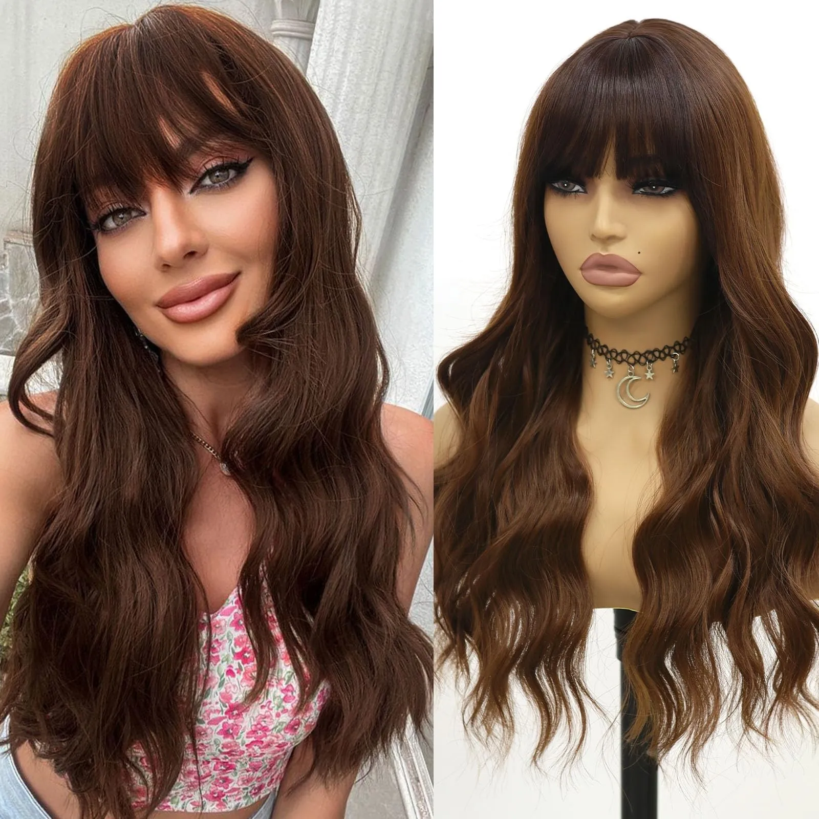 

Brown Wigs with Bangs Ombre Brown Body Wave Wig for Women Long Curly Wig