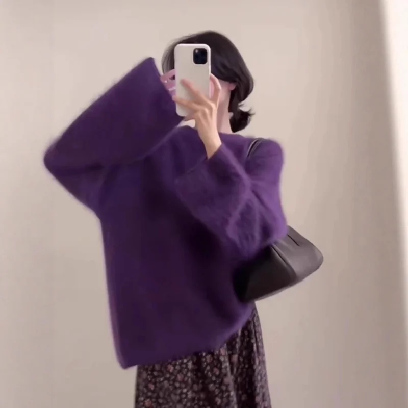 

Soft And Fluffy Milk Fufu Purple Mink Velvet Pullover Sweater Women, Loose And Lazy Furry Knitted Top Autumn And Winter